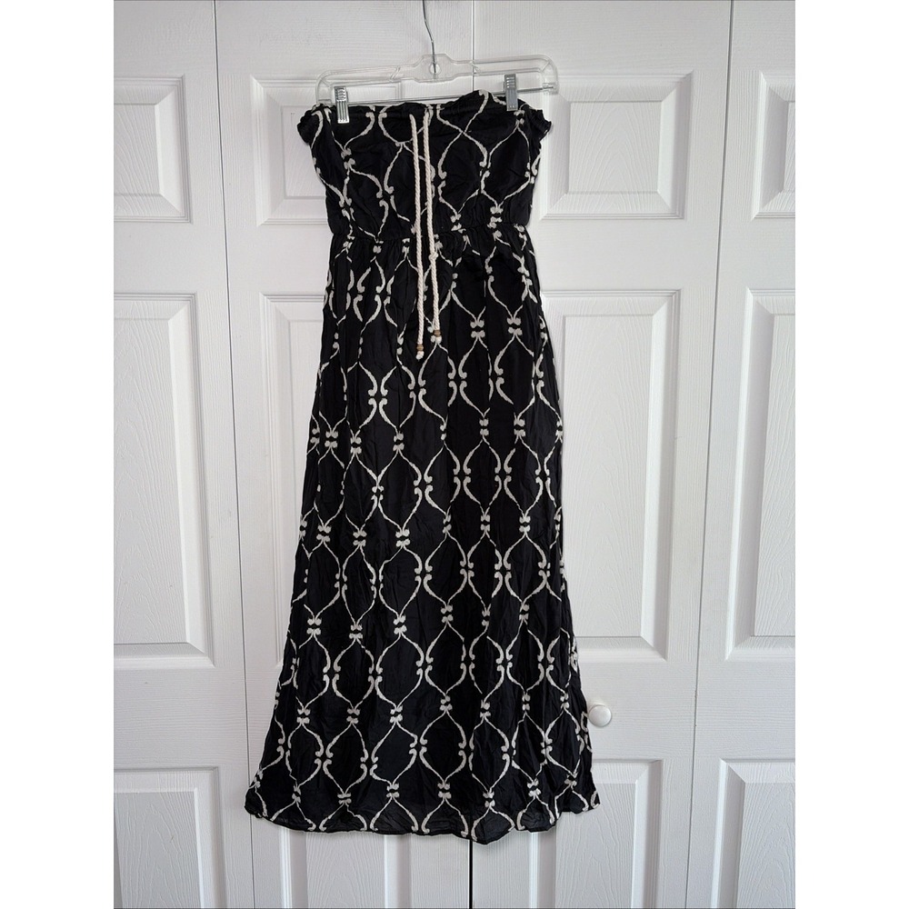 Gap Strapless Ikat Maxi Dress Womens Size S Black White Boho Cotton Pockets